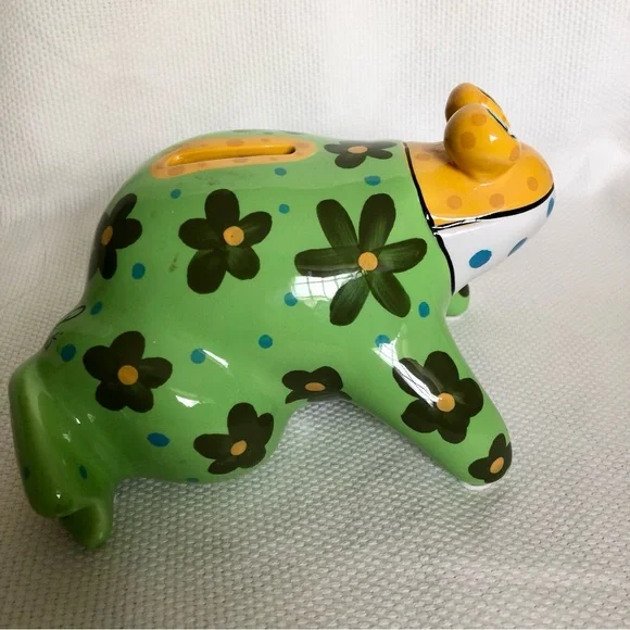 Ganz ceramic green frog piggy bank flowers polka dots EUC hand painted - Picture 10 of 14